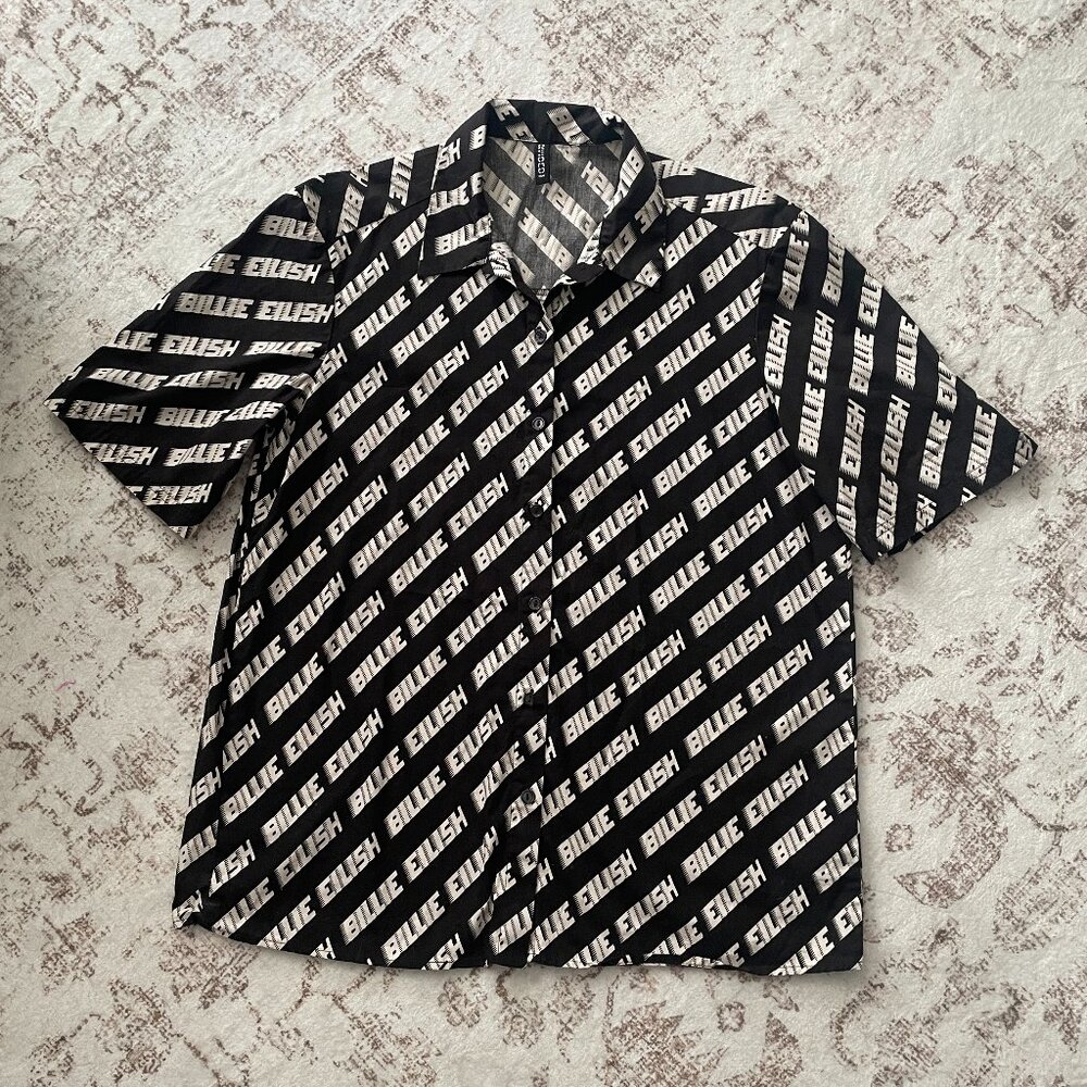 Billie Eilish Logo Print Button Up Shirt Oversized Black Size S